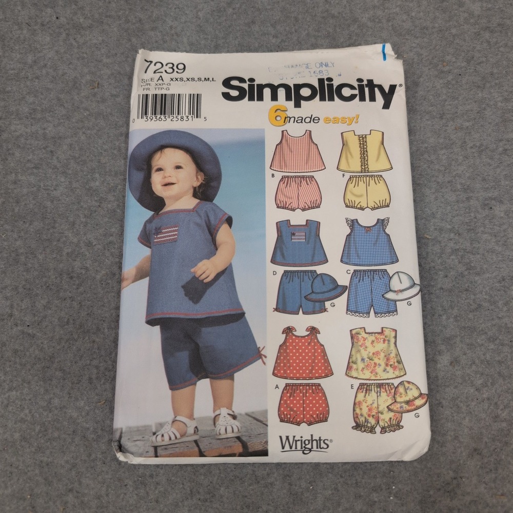 Simplicity‎ 7239 Baby Toddler Sewing Pattern Tops Panties Hat Size XXS-L VG